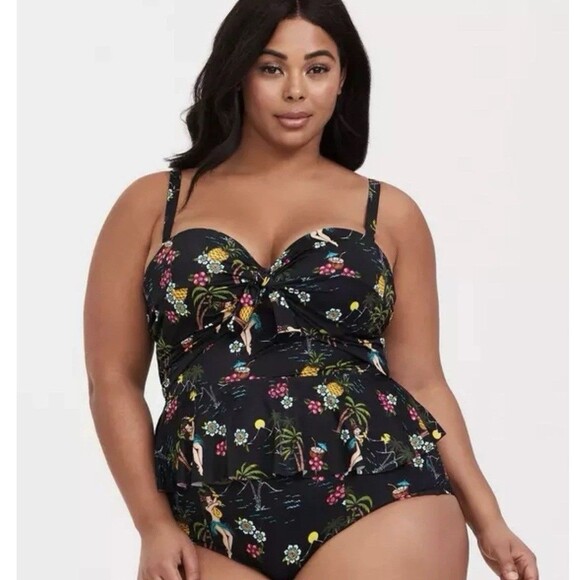 Torrid Vixen Tankini Peplum Top Hula Girl Tie Front Black 4R Push Up - Picture 2 of 10